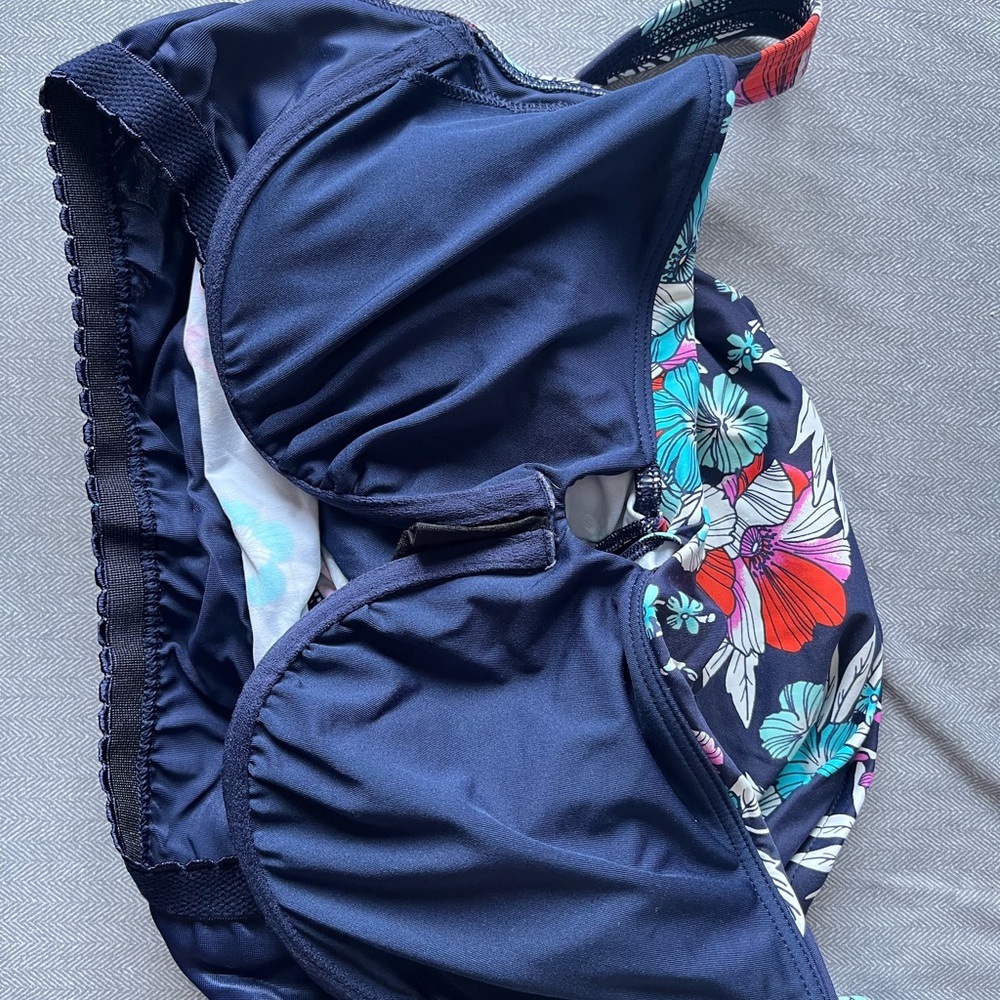 Lands' End Navy Floral Swim Tankini with Aqua, Pink & Red Flowers - Picture 3 of 4